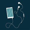 White mobile phone phone with wired headphones. Vector illustration in cartoon flat style. Royalty Free Stock Photo